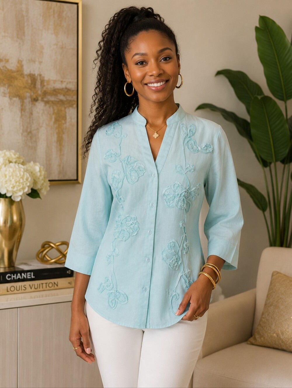 Charter Club 100% Linen Turquoise Blue Button Down Collarless TopSize 10